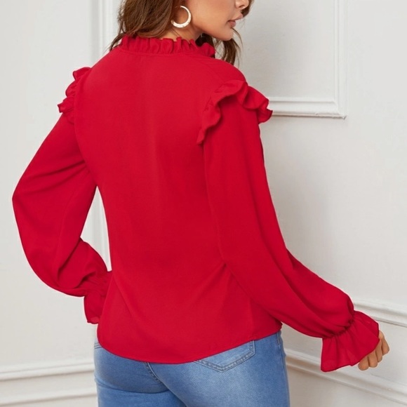 Ruffle Trim Button Front Blouse - Picture 2 of 8